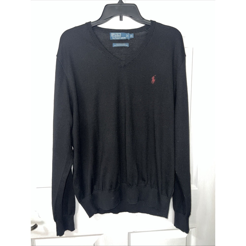 Polo Ralph Lauren Exclusive Black V-Neck Merino Wool Sweater Size XL